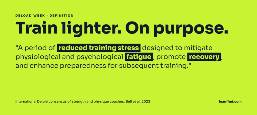 Deload week definition from the 2023 international Delphi consensus: a period of reduced training stress to reduce fatigue, promote recovery and prepare for the next block